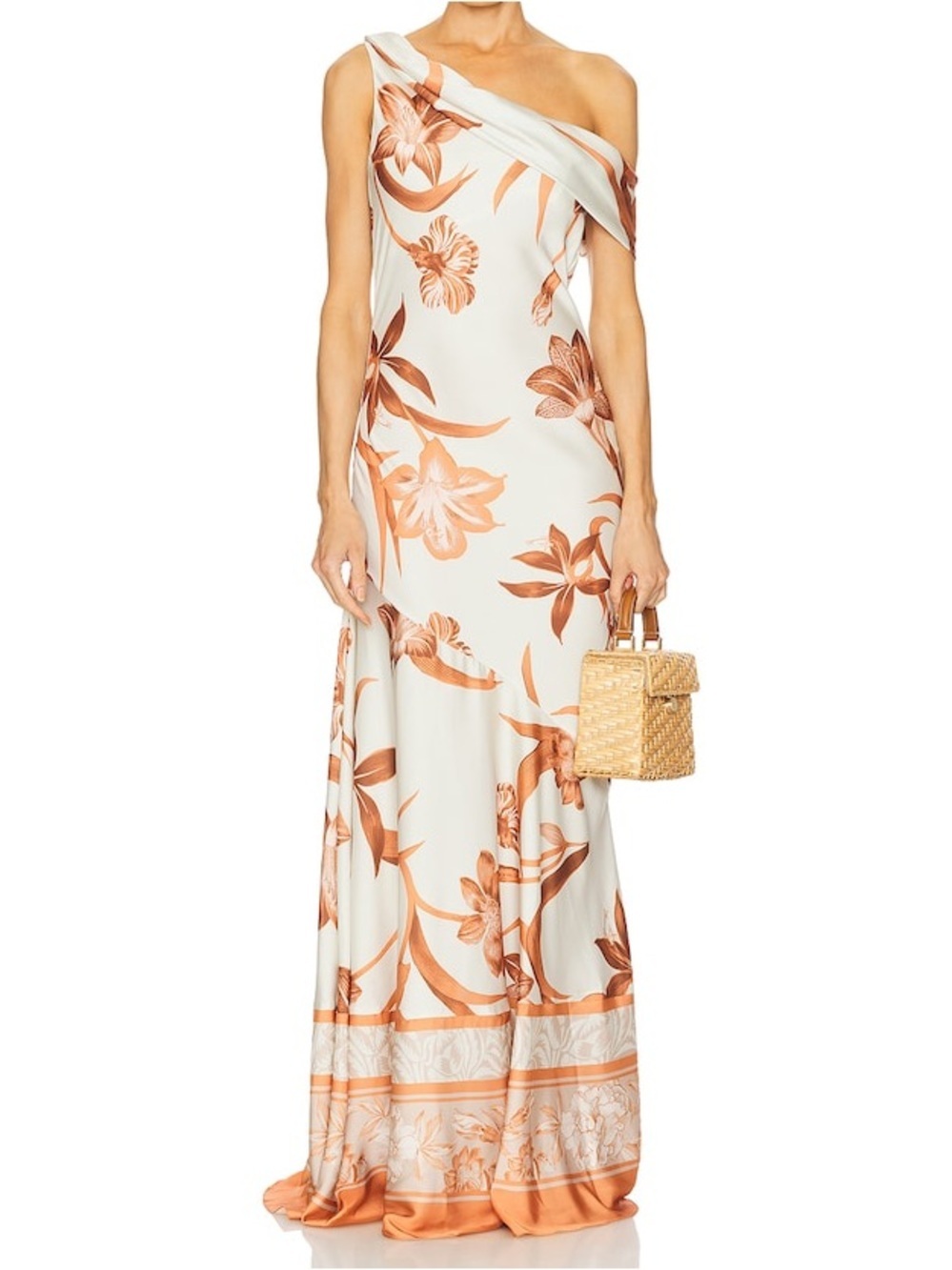 Rococo Sand Beige Brown Floral One Shoulder Maxi Dress Resort Goddess Vacation M
